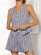 Summer V-Neck Striped Sleeveless Top With Button Up Detail And Shorts Set